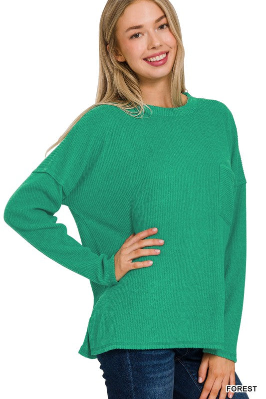 Zenana Ribbed Brushed Melange Hacci Sweater with a Pocket