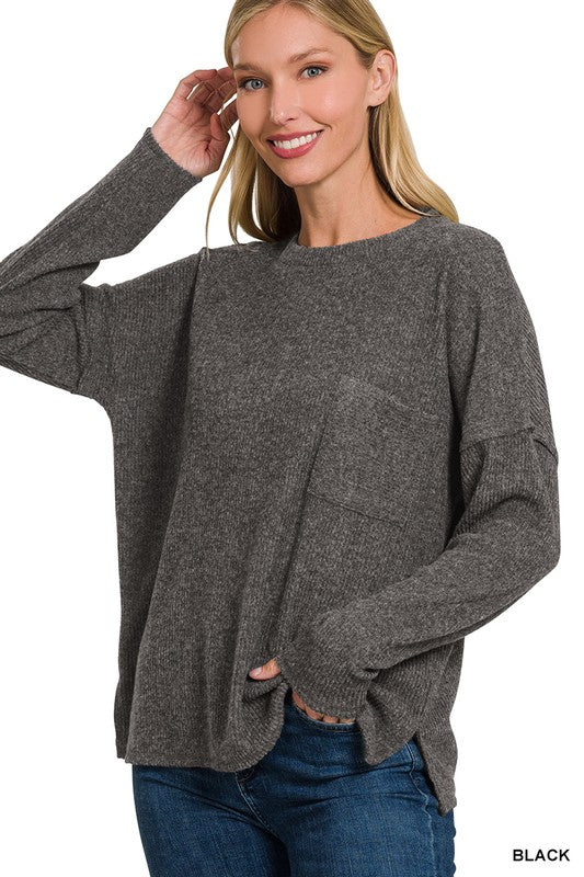 Zenana Ribbed Brushed Melange Hacci Sweater with a Pocket