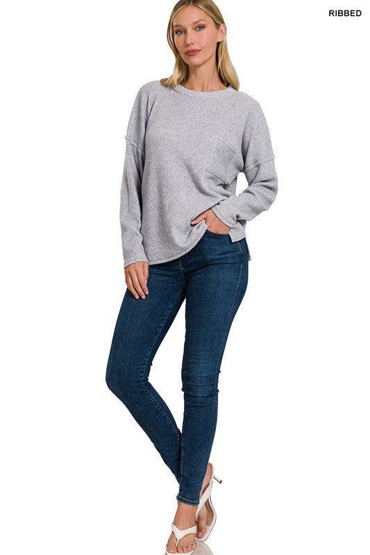 Zenana Ribbed Brushed Melange Hacci Sweater with a Pocket