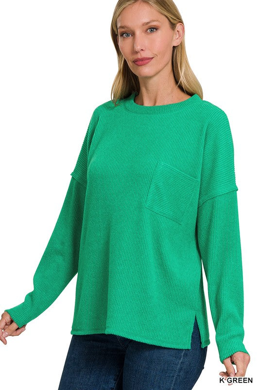Zenana Ribbed Brushed Melange Hacci Sweater with a Pocket