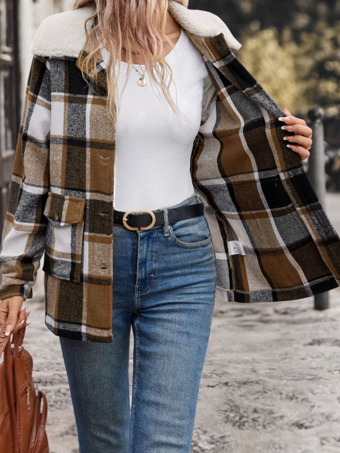 Perfee Women’s Pocketed Plaid Button Up Collared Neck Jacket Cotton Polyester Size S-XL