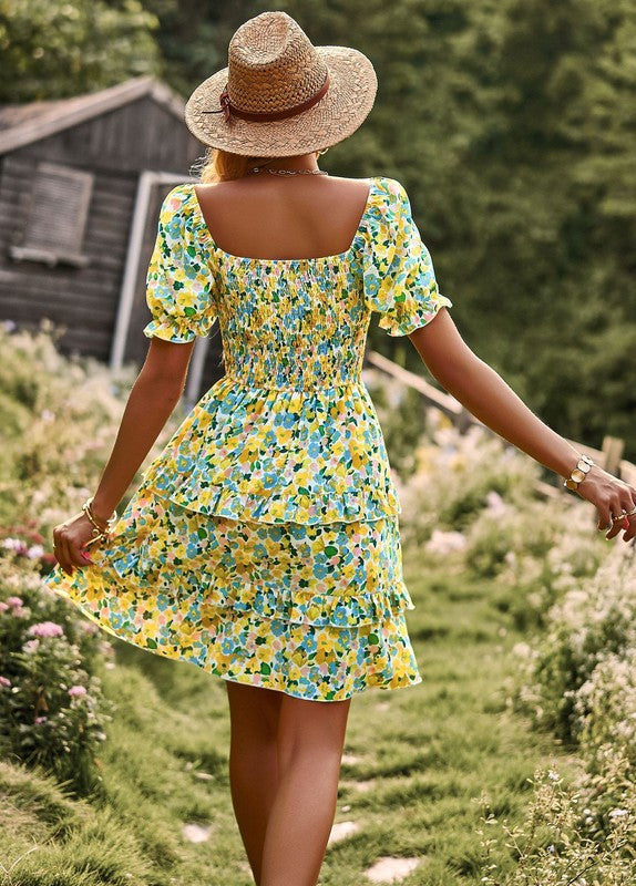 Women's Floral Wrap V-Neck Midi Dress Short Sleeve