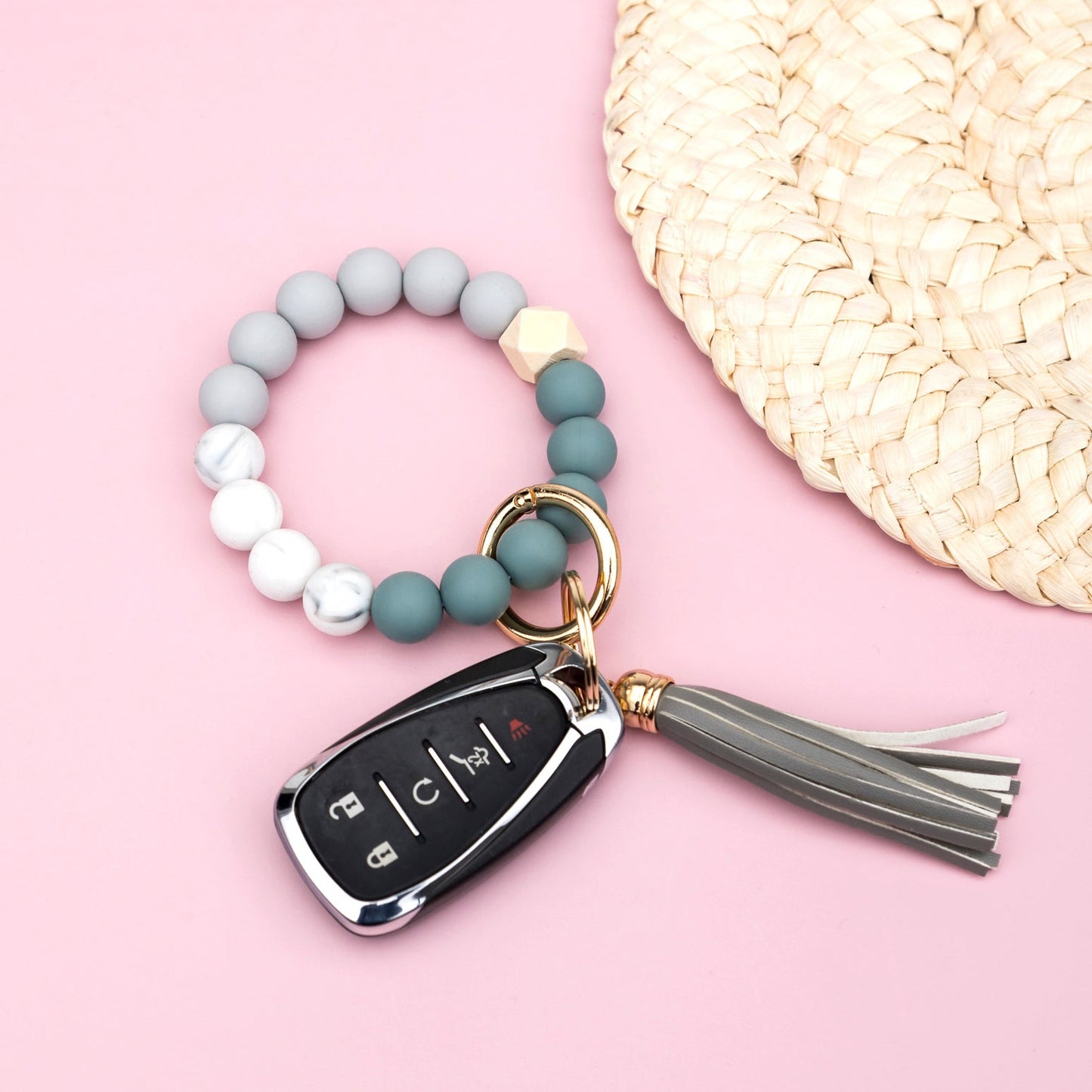 Silicone Color Block PU Leather Wood Geo Bead Stretchy Gold Hardware Key Ring Bracelet | 4"