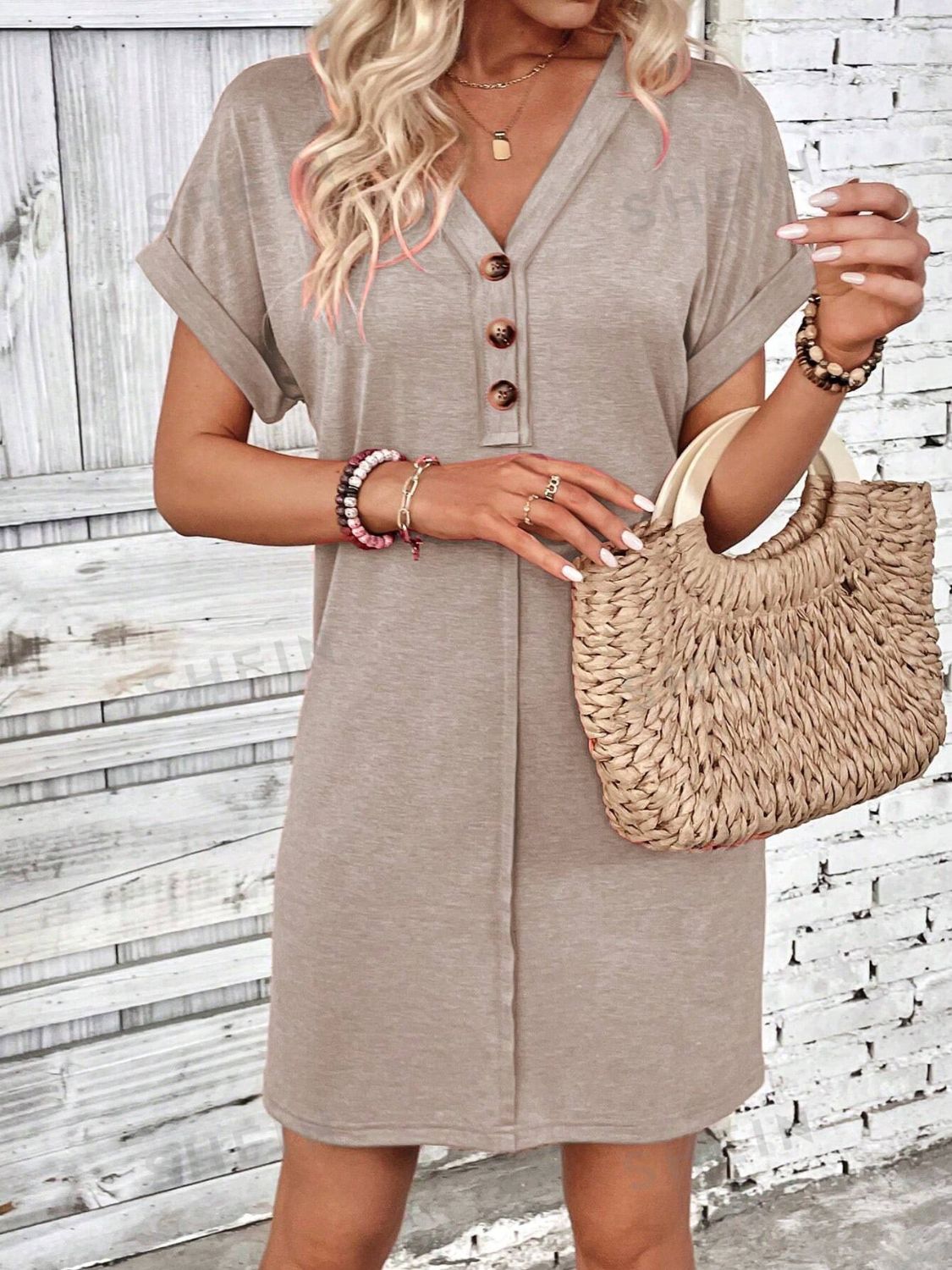 Blueberi B Women’s Quarter Button V-Neck Short Sleeve Dress Polyester Size S-XL