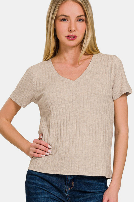 Zenana Women's  Ribbed Short Sleeve T-Shirt Rayon Polyester Nylon Size S-XL