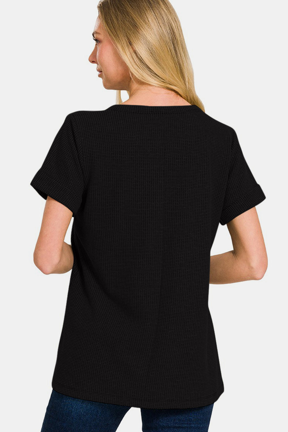 Zenana Women’s Notched Short Sleeve Waffle T-Shirt Polyester Cotton Spandex Size S-L