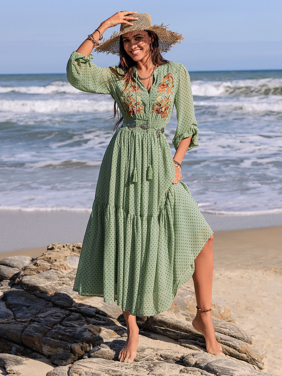 Blueberi B Women’s Embroidered Polka Dot Tie Neck Long Sleeve Midi Dress Polyester Size S-2XL