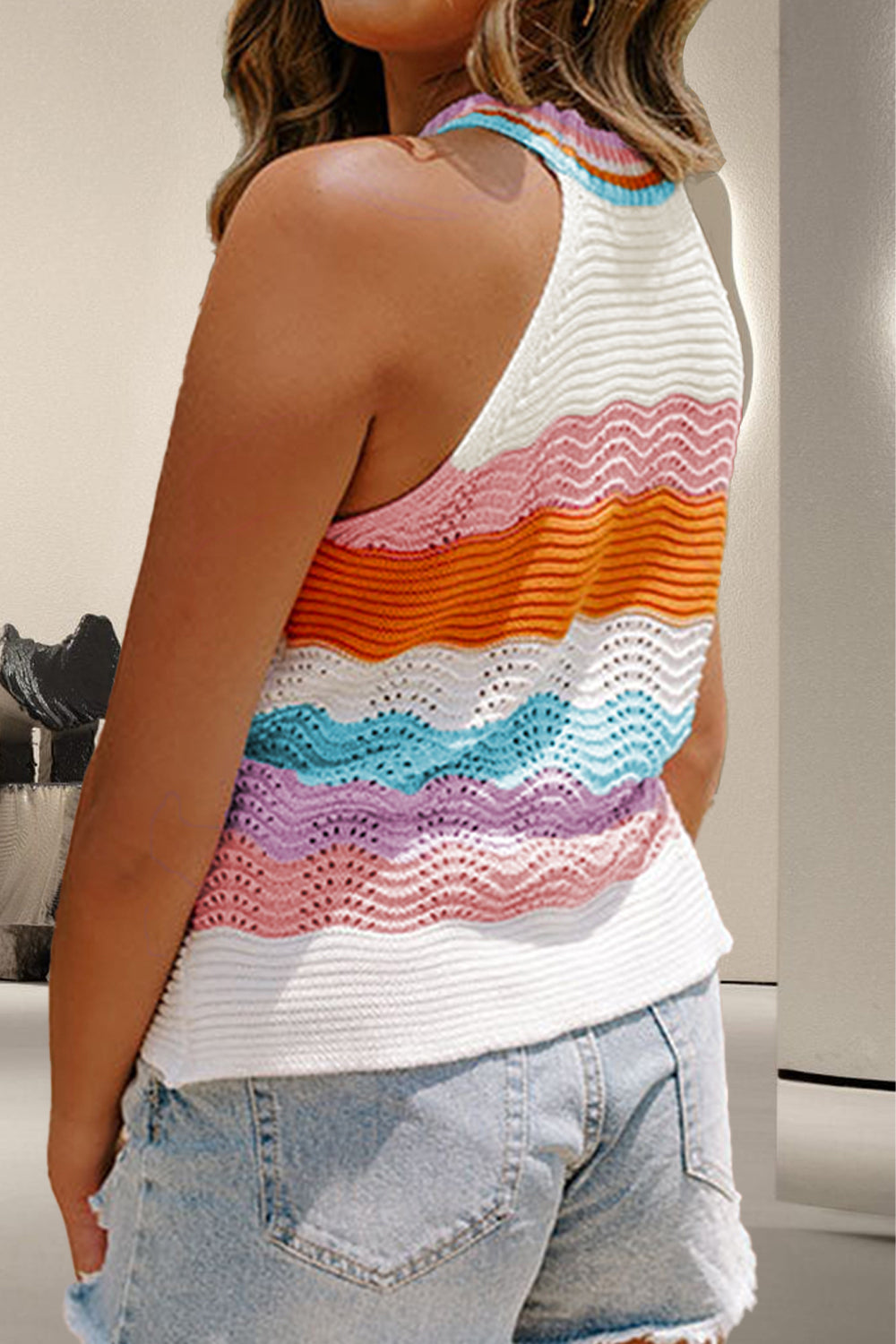 Color Block Round Neck Knit Vest Top
