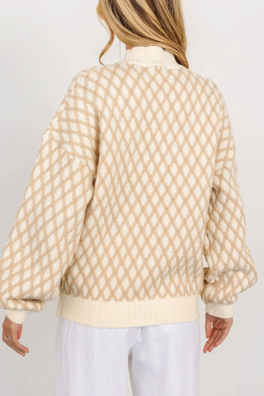 Blueberi B Women’s Diamond Pattern Mock Neck Long Sleeve Sweater Acrylic Polyester Polyamide Size S-XL