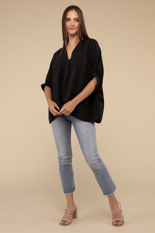 Zenana Women's Clothing Woven Airflow V-Neck Puff Half Sleeve Top Polyester S/M L/XL
