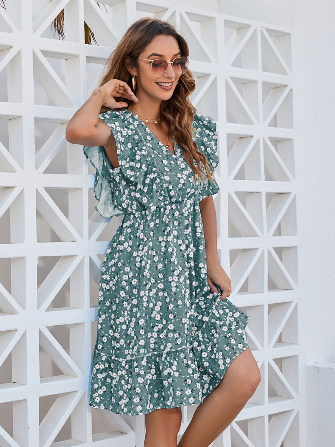 Blueberi B Women’s Ruffled Ditsy Floral Surplice Mini Dress Polyester Size S-XL