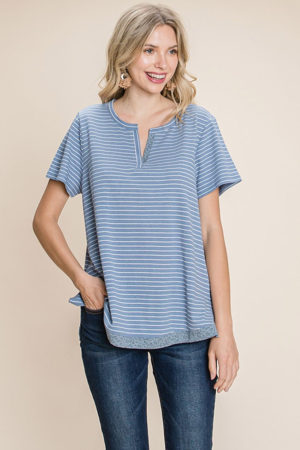 Blueberi B Women's Cotton Bleu by Nu Lab Slit Striped Notched Short Sleeve T-Shirt Cotton Size S-XL