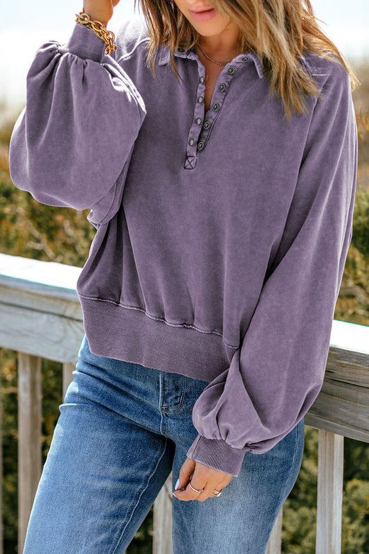 Blueberi B Women’s Quarter-Snap Collared Long Lantern Sleeve Sweatshirt Polyester Elastane Size S- 2XL