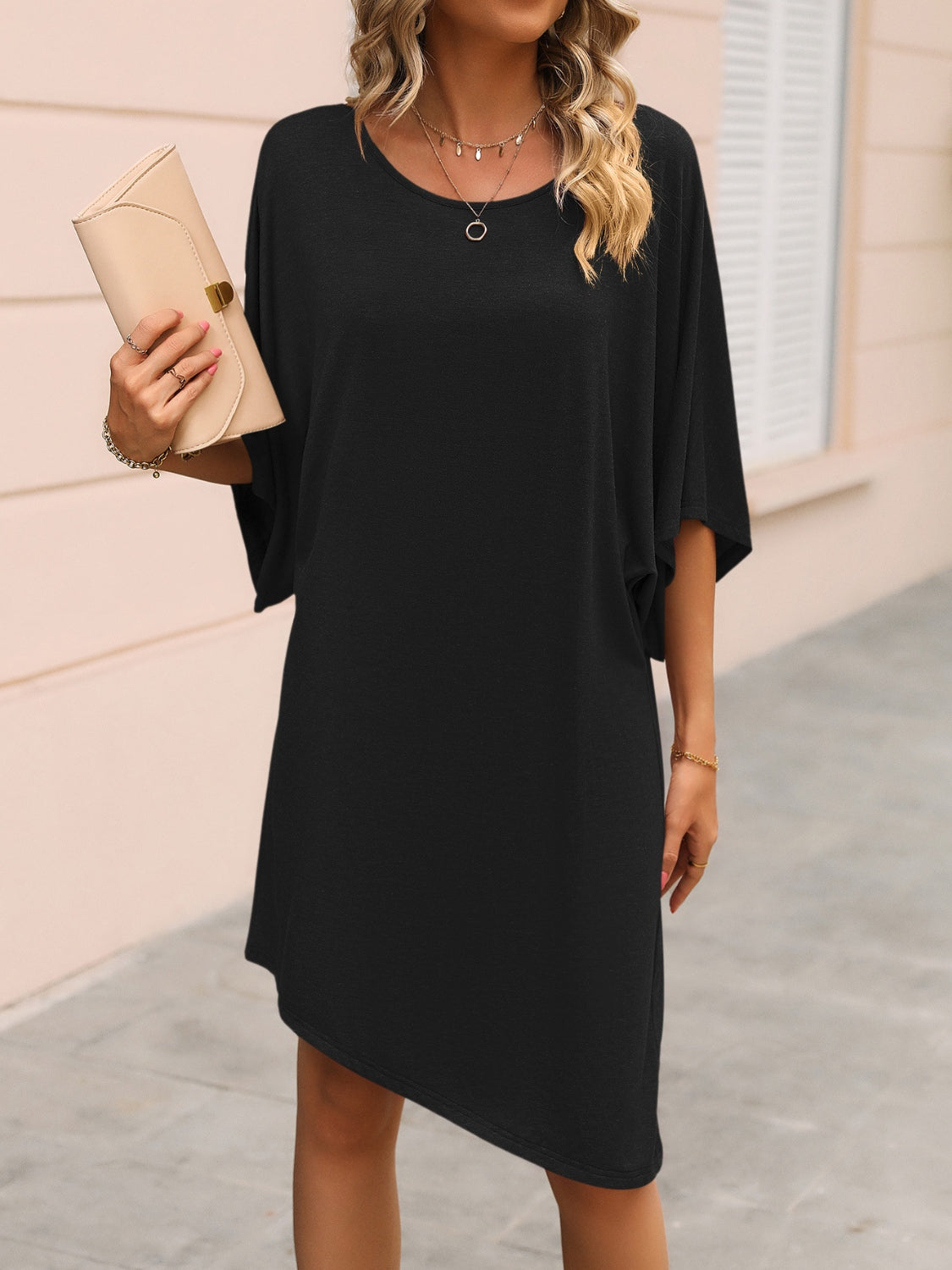 Blueberi B Women’s Ivy Lane Round Neck Three-Quarter Sleeve Tee Dress Polyester Spandex Size S-L