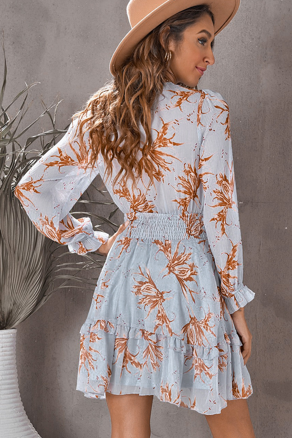 Blueberi B Women’s Floral Deep V Long Flounce Sleeve Mini Dress Polyester Spandex Size S-XL