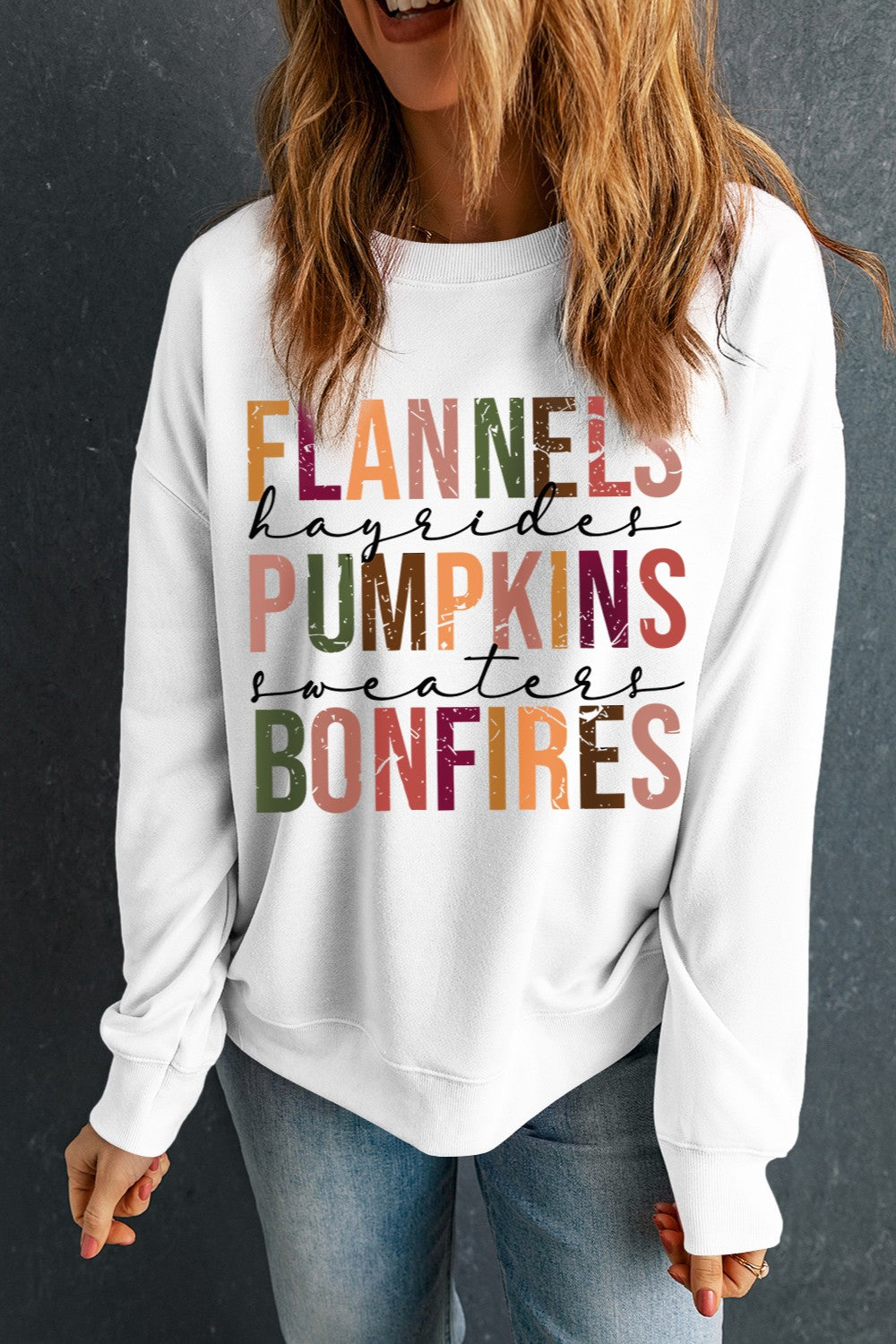 Blueberi B Women's Letter Graphic Round Neck Long Sleeve Sweatshirt Polyester Cotton Size S-2XL