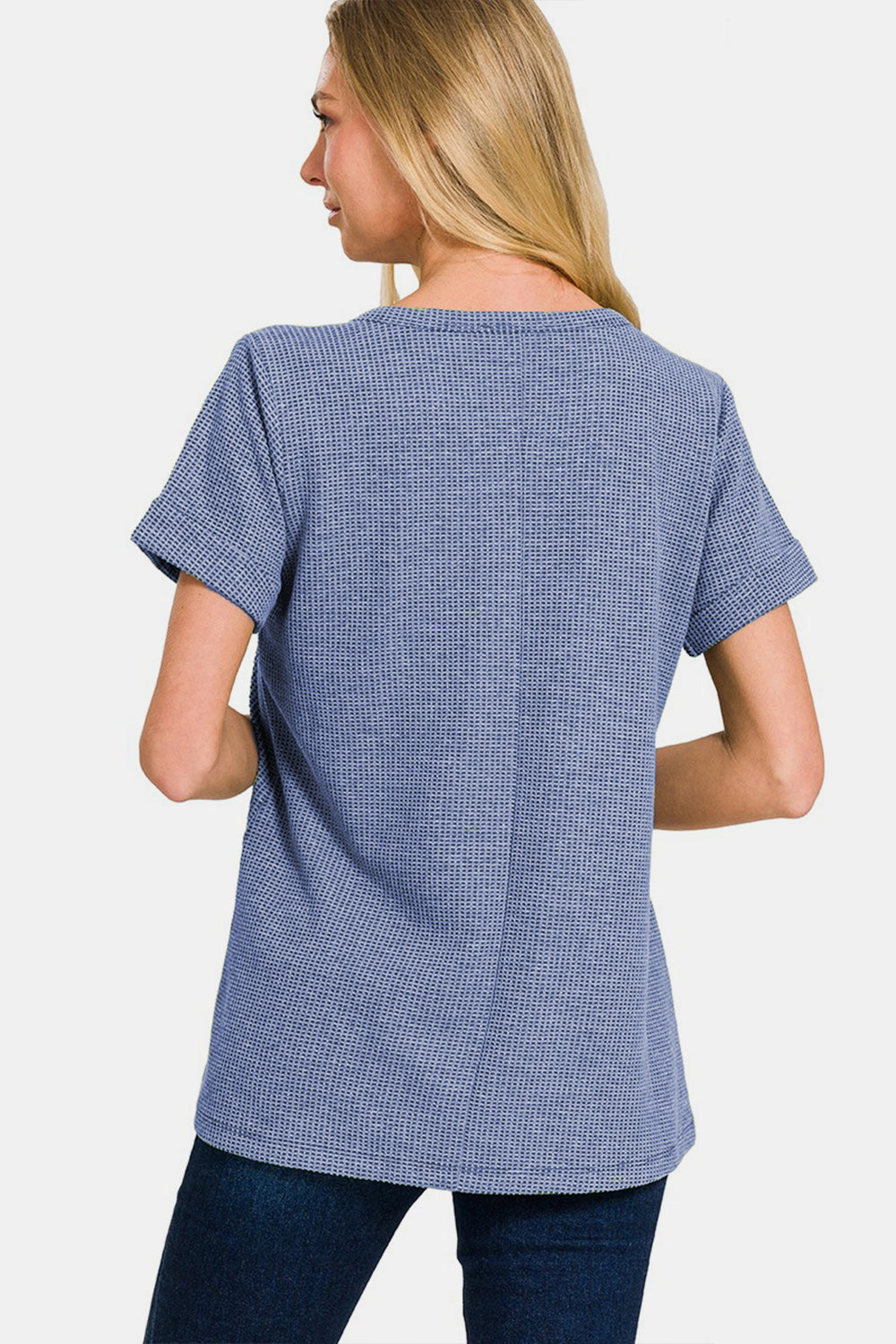 Zenana Women’s Notched Short Sleeve Waffle T-Shirt Polyester Cotton Spandex Size S-L