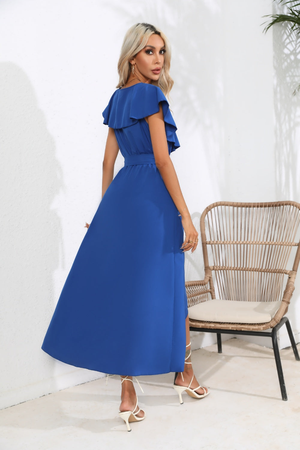Blueberi B Women’s Ruffled Tied V-Neck Midi Dress Polyester S-XL