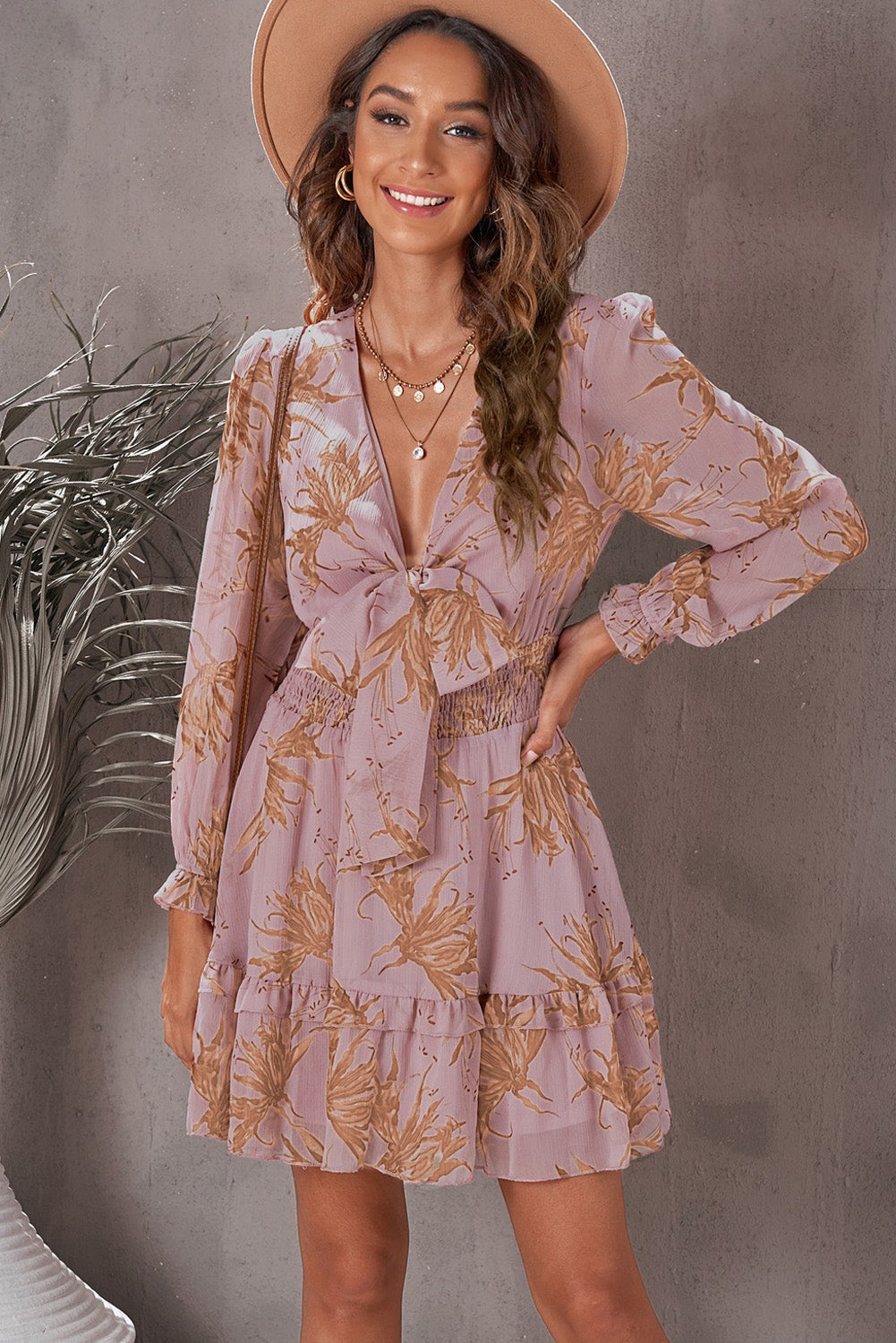 long sleeve spandex mini dress Sample Floral Deep V Flounce Sleeve Mini Dress