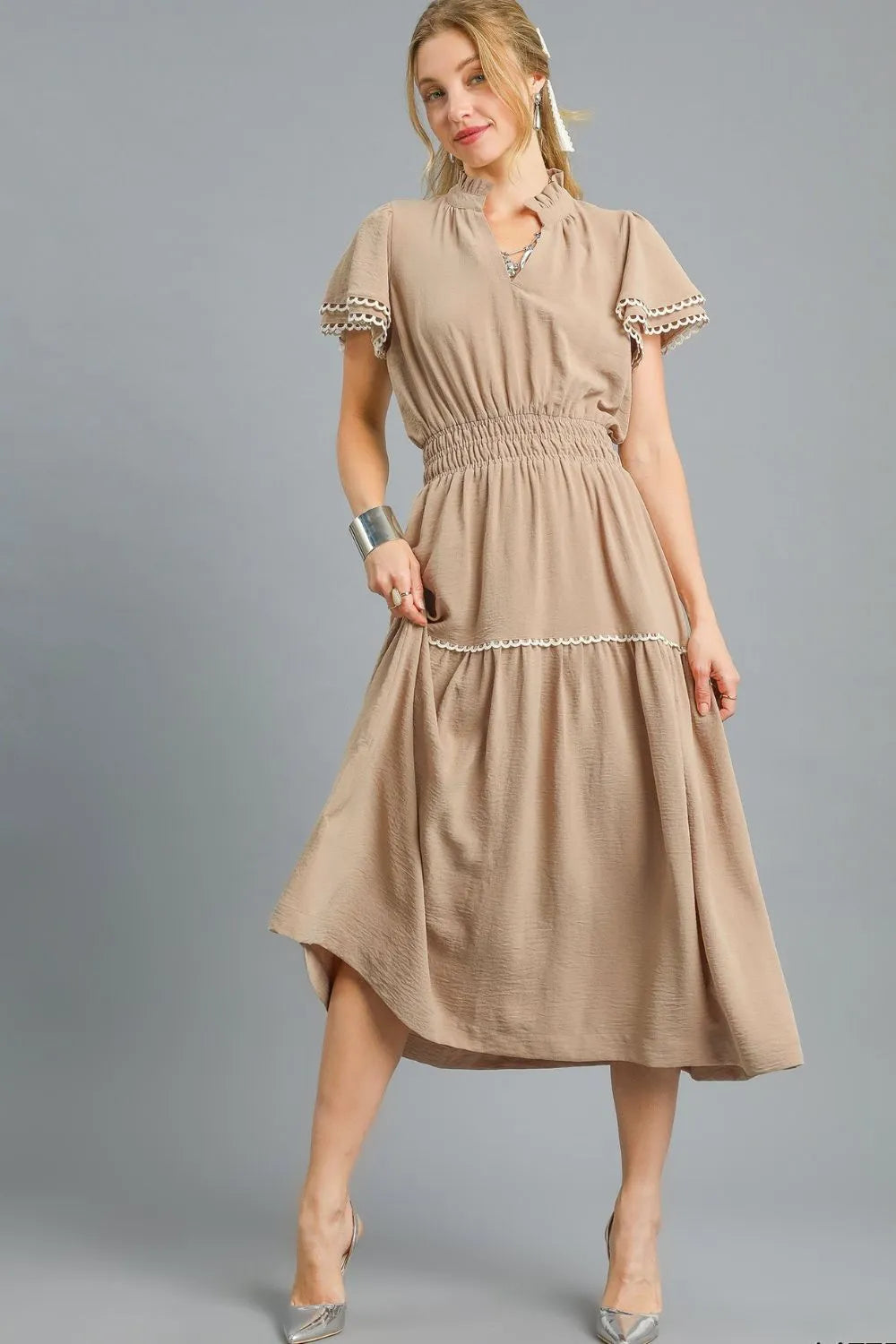 Umgee Tiered Flutter Sleeve Midi Dress Camel / S Umgee Tiered Flutter Sleeve Midi Dress Camel / S