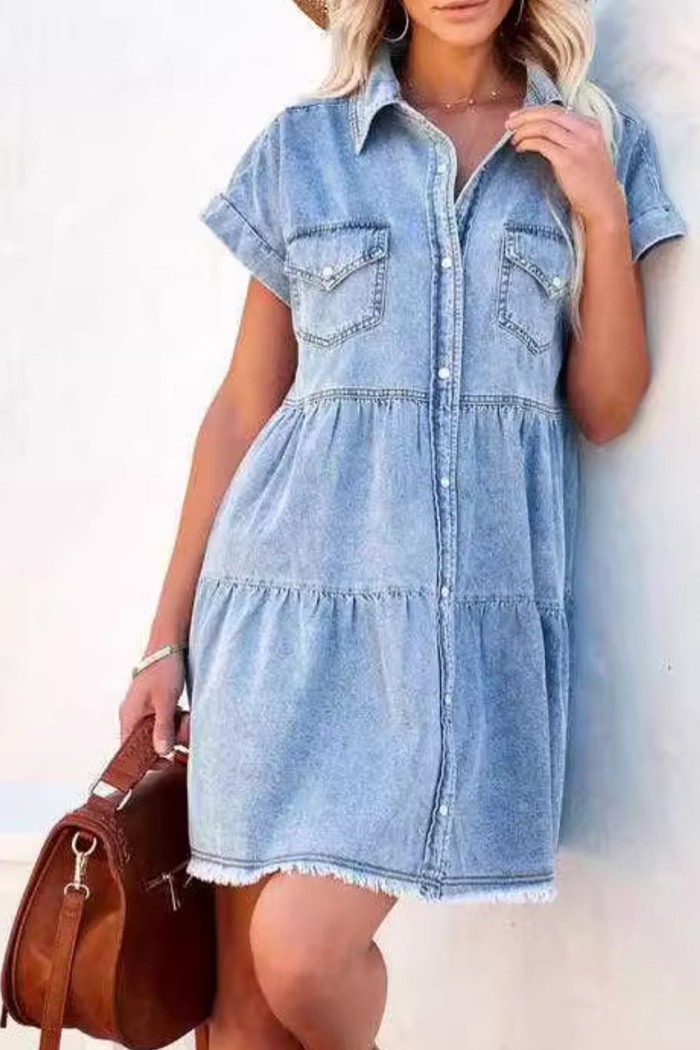Wholesale MOQ6 Raw Hem Button Down Denim Mini Dress