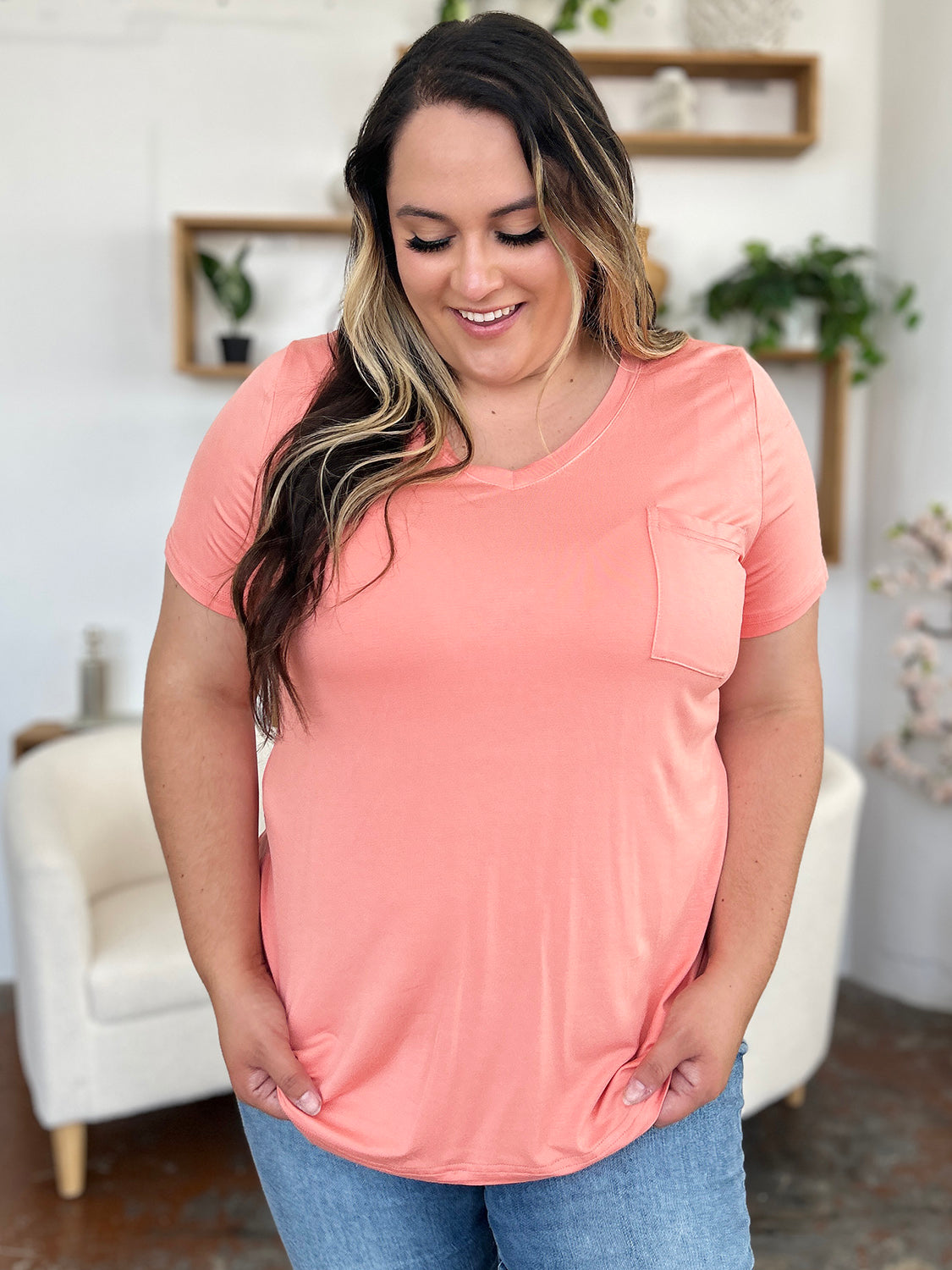 Basic Bae Women’s Bamboo Full Size V-Neck Short Sleeve T-Shirt Bamboo Spandex Size S-3XL