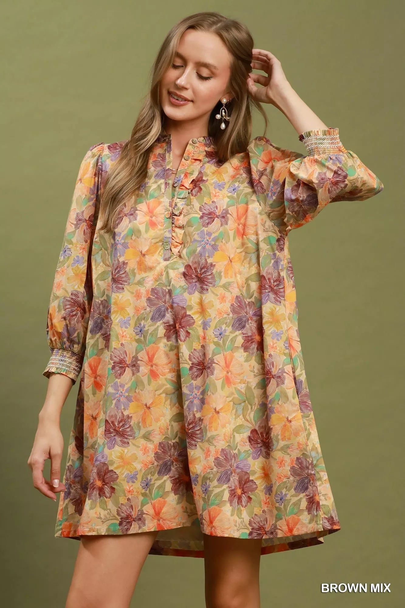 Umgee 100% Cotton Mix Floral Print Smocked Cuff Lined Flowy Mini Dress