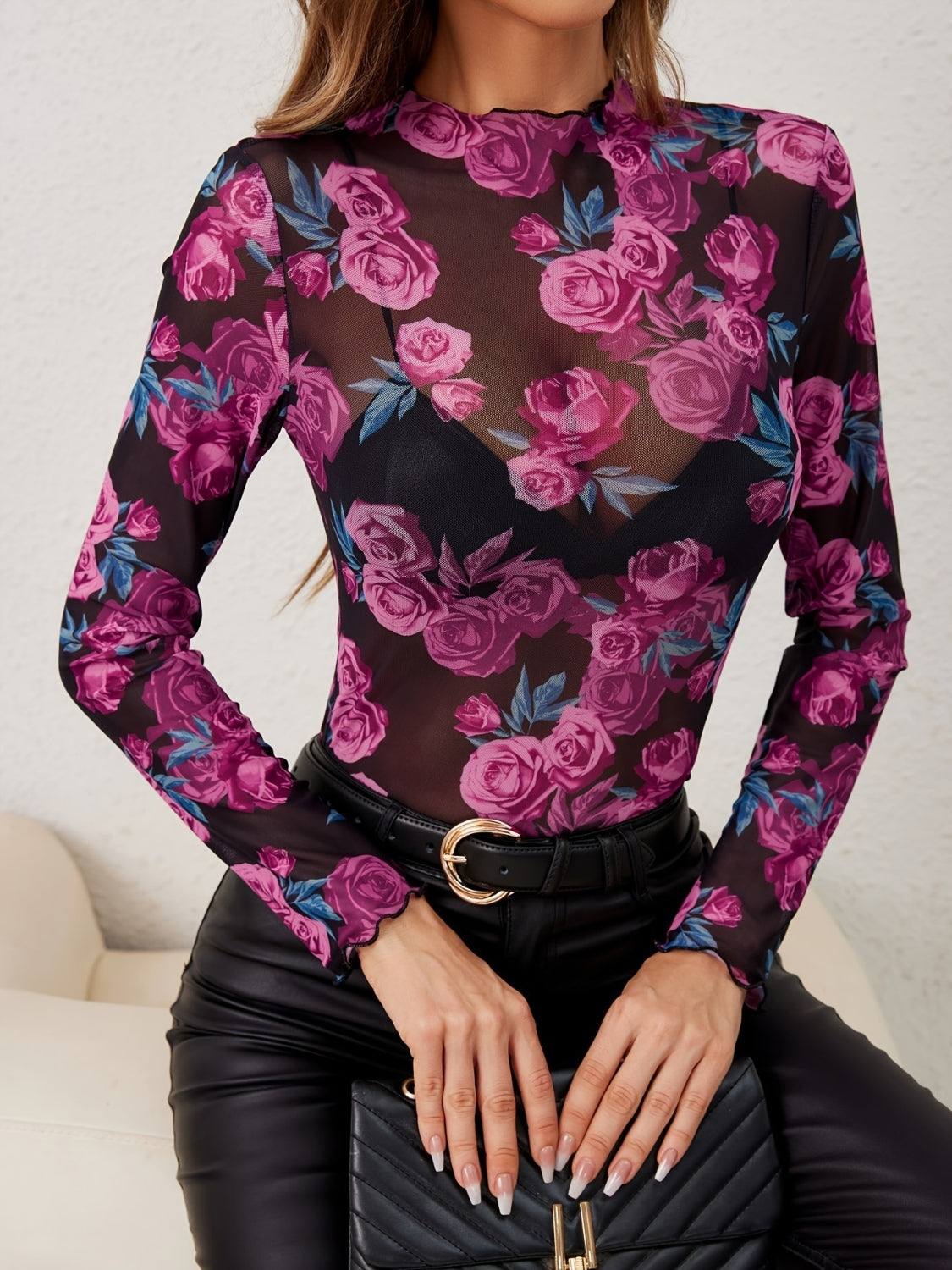 Blueberi B Women’s Floral Mock Neck Long Sleeve Top Polyester S-2XL