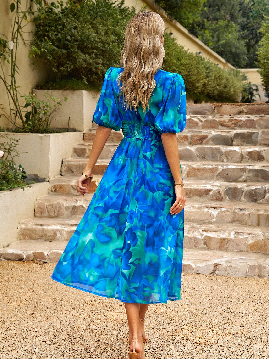 Blueberi B Women's Smocked Printed V-Neck Half Sleeve Midi Dress Polyester Size S-XL