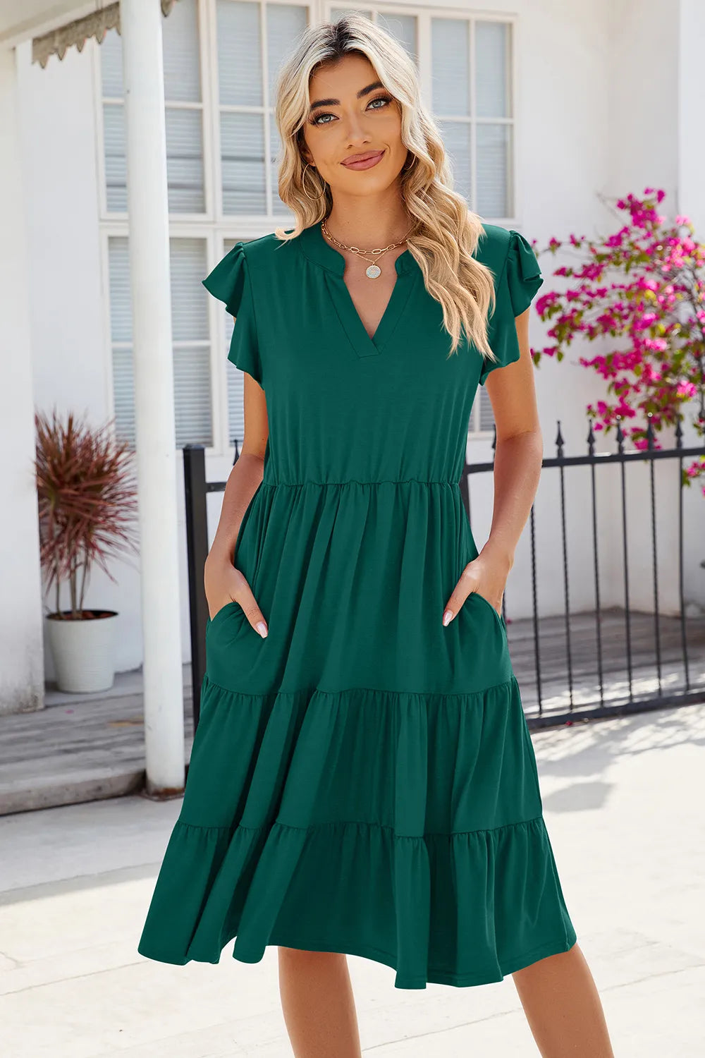 Sample Ruched Notched Cap Sleeve Dress