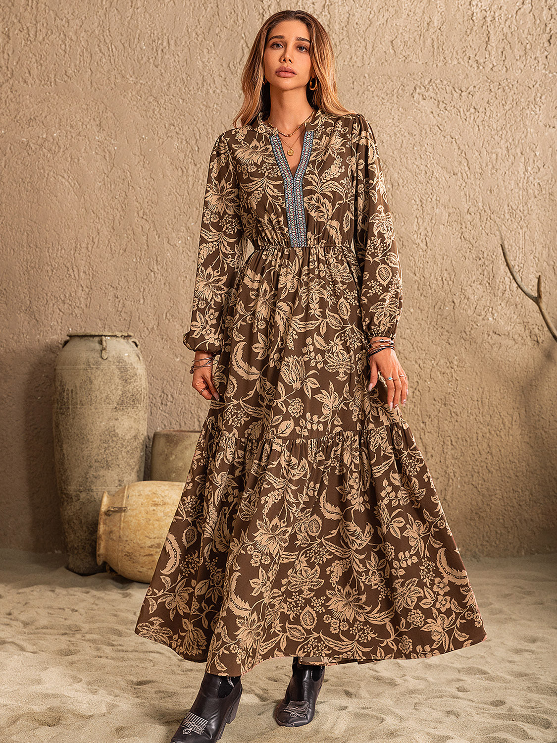 Blueberi B Women’s Ruched Printed Notched Long Sleeve Maxi Dress Polyester Elastane Size S-XL