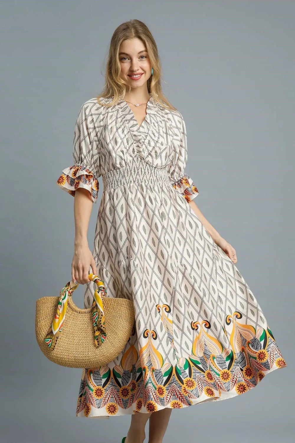 Umgee Womens Printed Smocked Waist Three Quarter Flounce Sleeve Midi Dress Polyester Size S-L Ivory / L Umgee Womens Printed Smocked Waist Three Quarter Flounce Sleeve Midi Dress Polyester Size S-L Ivory / L
