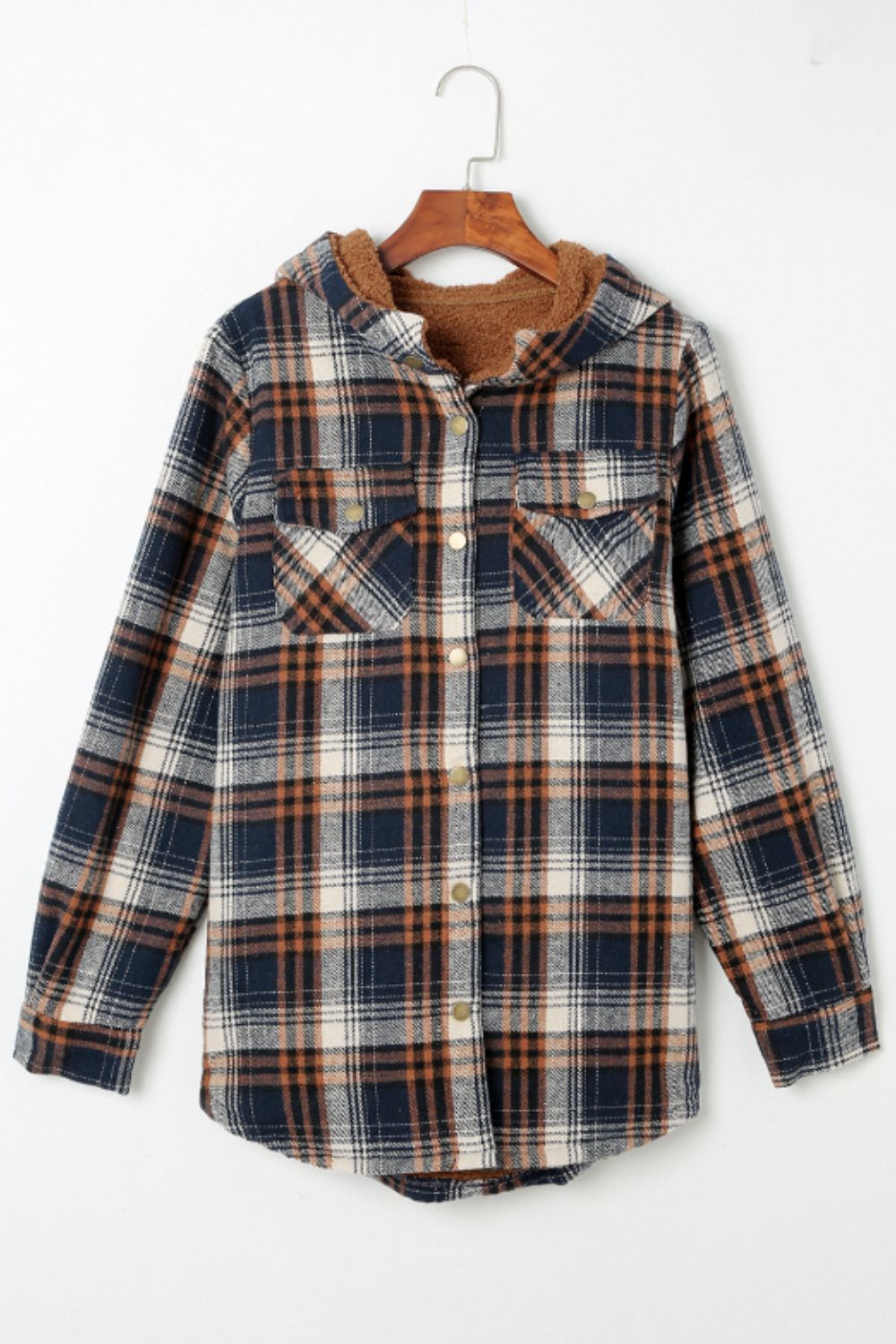 Blueberi B Women’s Plaid Button Up Long Sleeve Hooded Jacket Polyester Size S-2XL