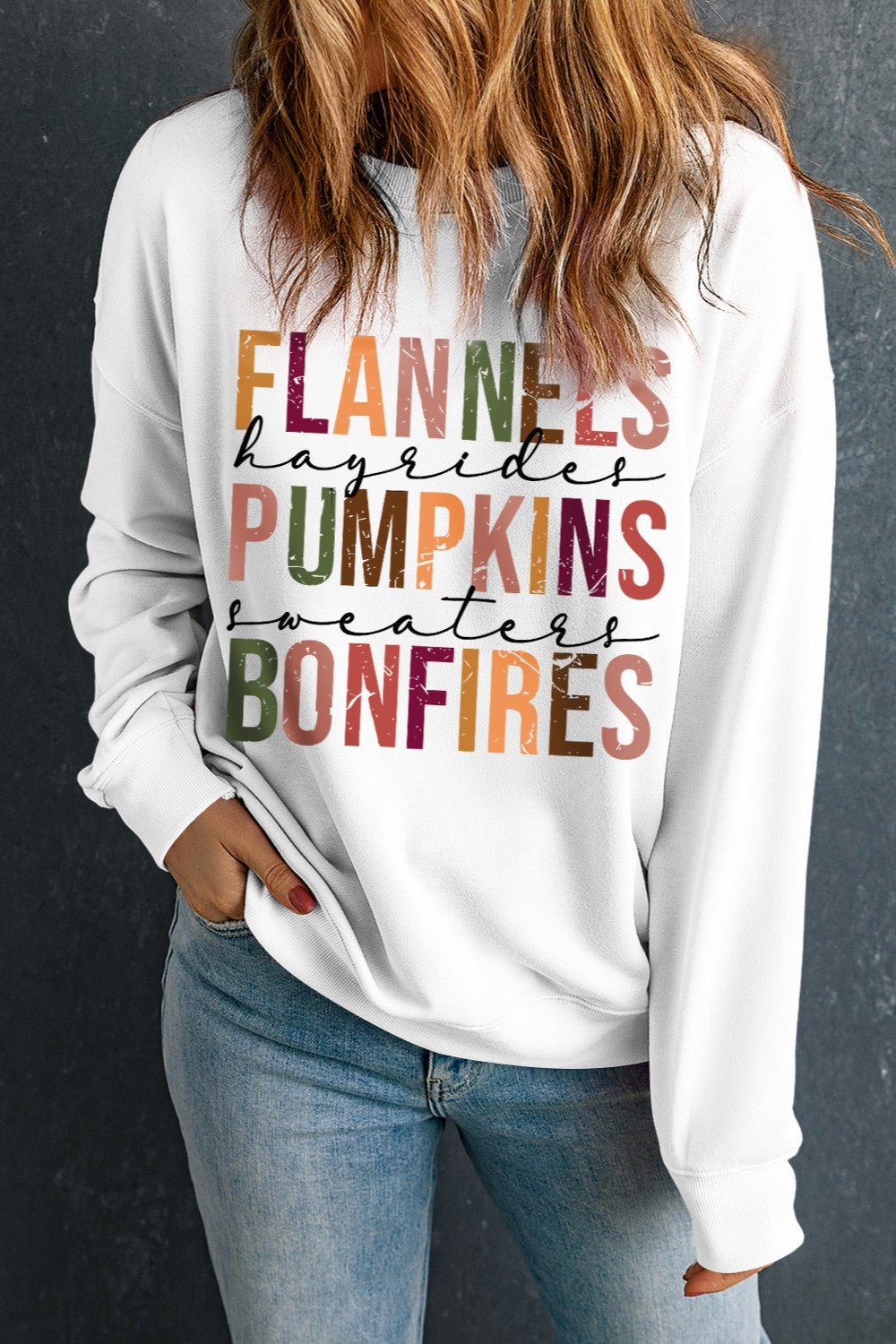 Blueberi B Women's Letter Graphic Round Neck Long Sleeve Sweatshirt Polyester Cotton Size S-2XL