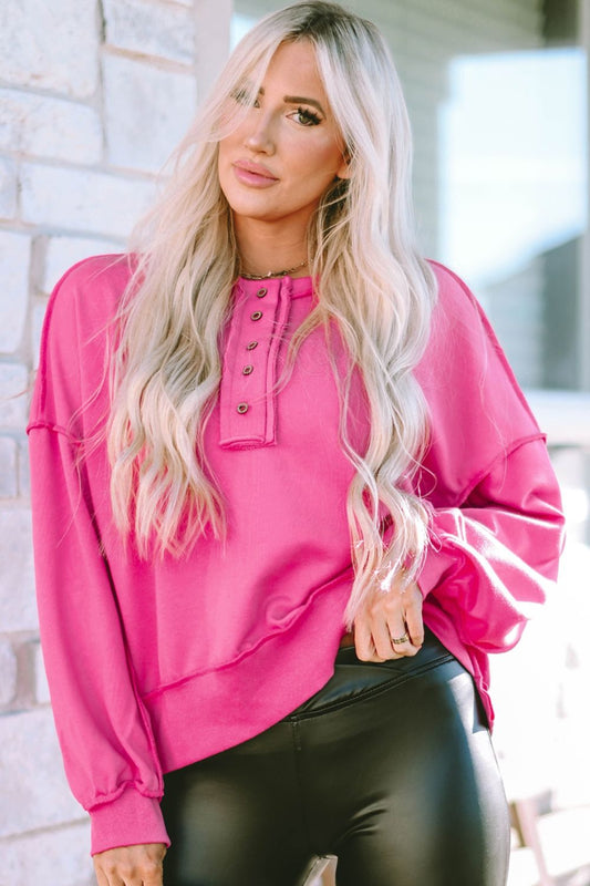 Blueberi B Women’s Exposed Seam Half Button Long Sleeve Sweatshirt Polyester Elastane Size S-2XL