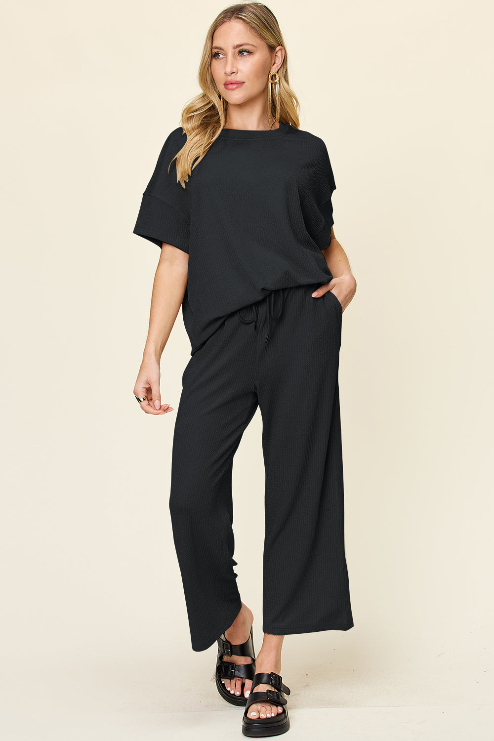 Double Take Women’s Full Size Texture Round Neck Short Sleeve T-Shirt and Wide Leg Pants Polyester Spandex Size S-3XL
