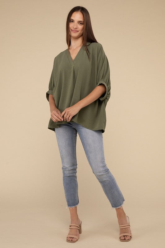 Zenana Women's Clothing Woven Airflow V-Neck Puff Half Sleeve Top Polyester S/M L/XL
