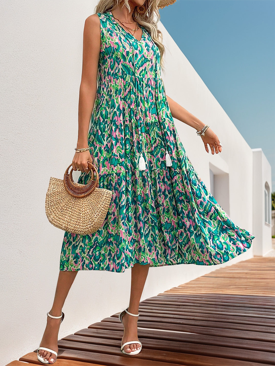Blueberi B Women's Tassel Printed Tie Neck Sleeveless Dress Viscose Size S-XL