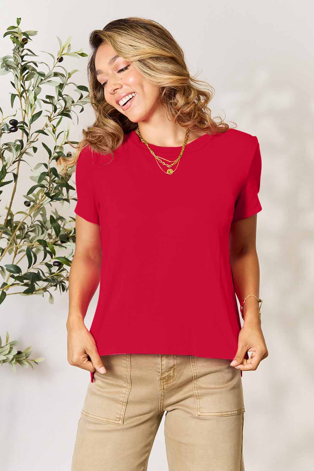 Basic Bae Women’s Full Size Round Neck Short Sleeve T-Shirt Rayon Spandex Size S-3XL