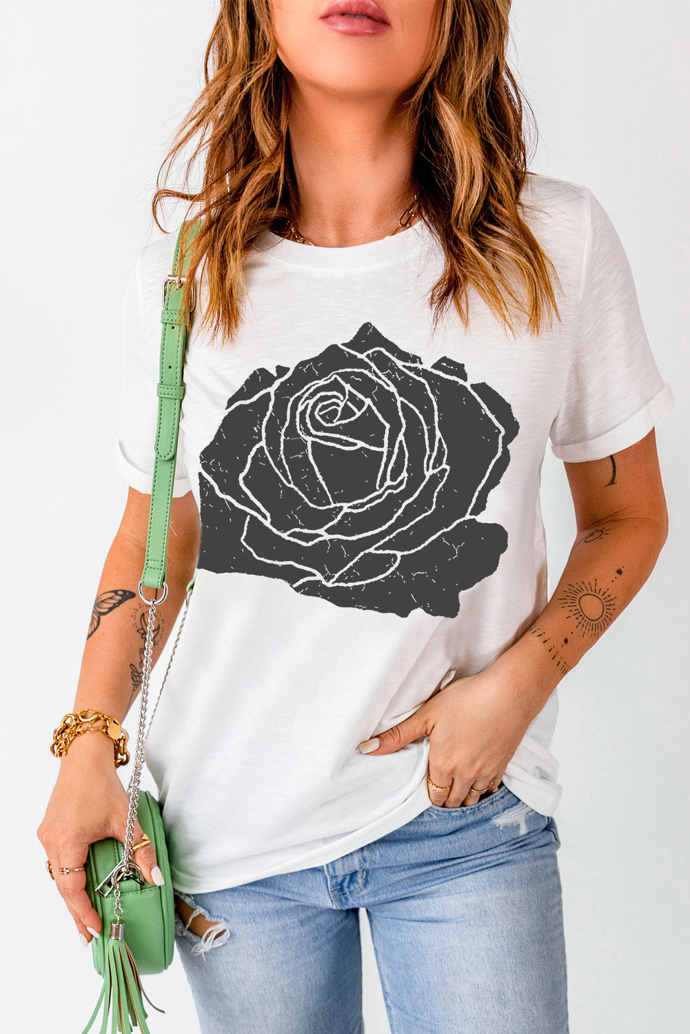 Blueberi B Women’s Rose Graphic Round Neck Short Sleeve T-Shirt Polyester Cotton Elastane Size S-2XL