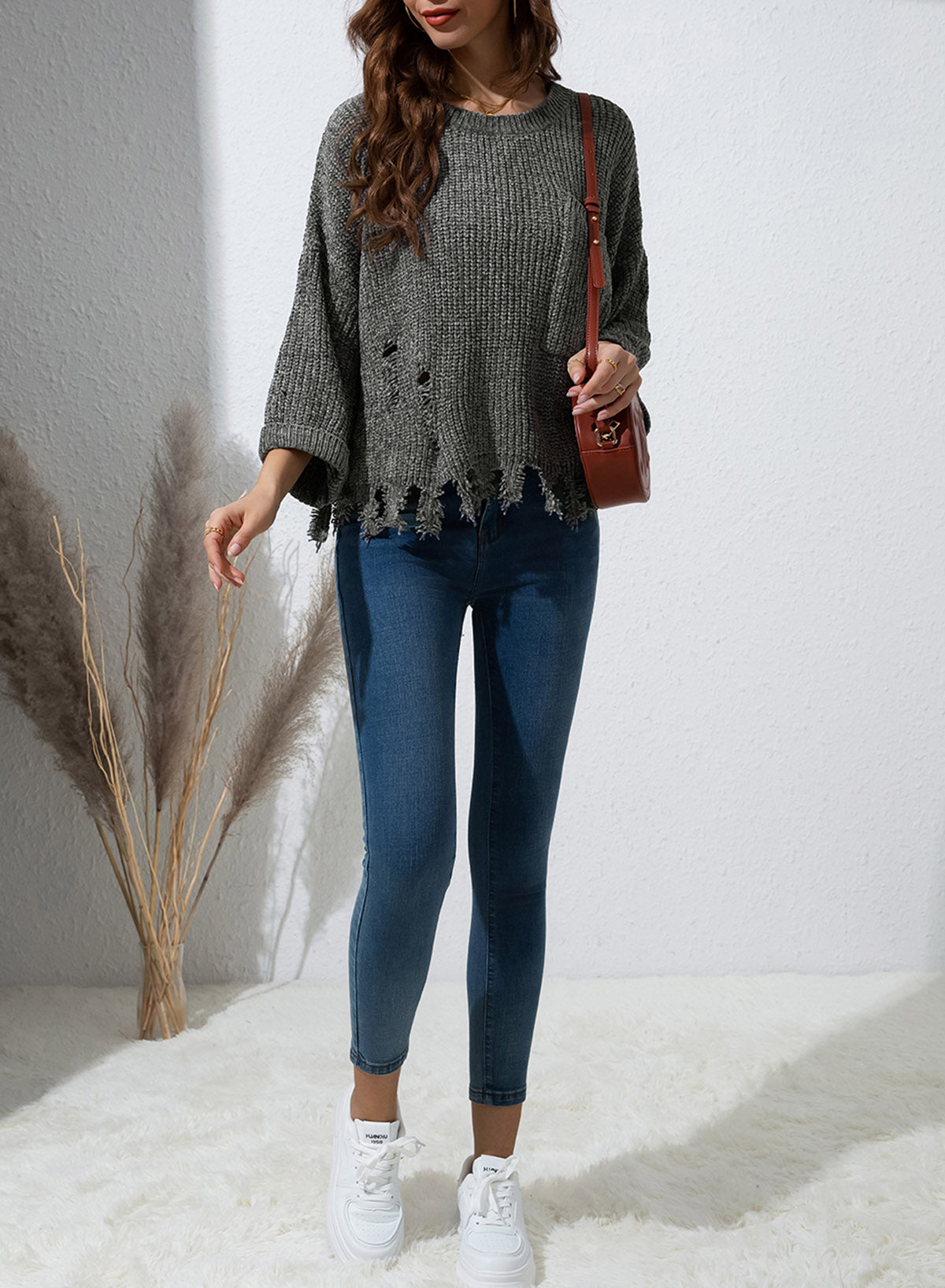 Blueberi B Women’s Distressed Round Neck Drop Shoulder Long Sleeve Sweater Polyester Size M-2XL