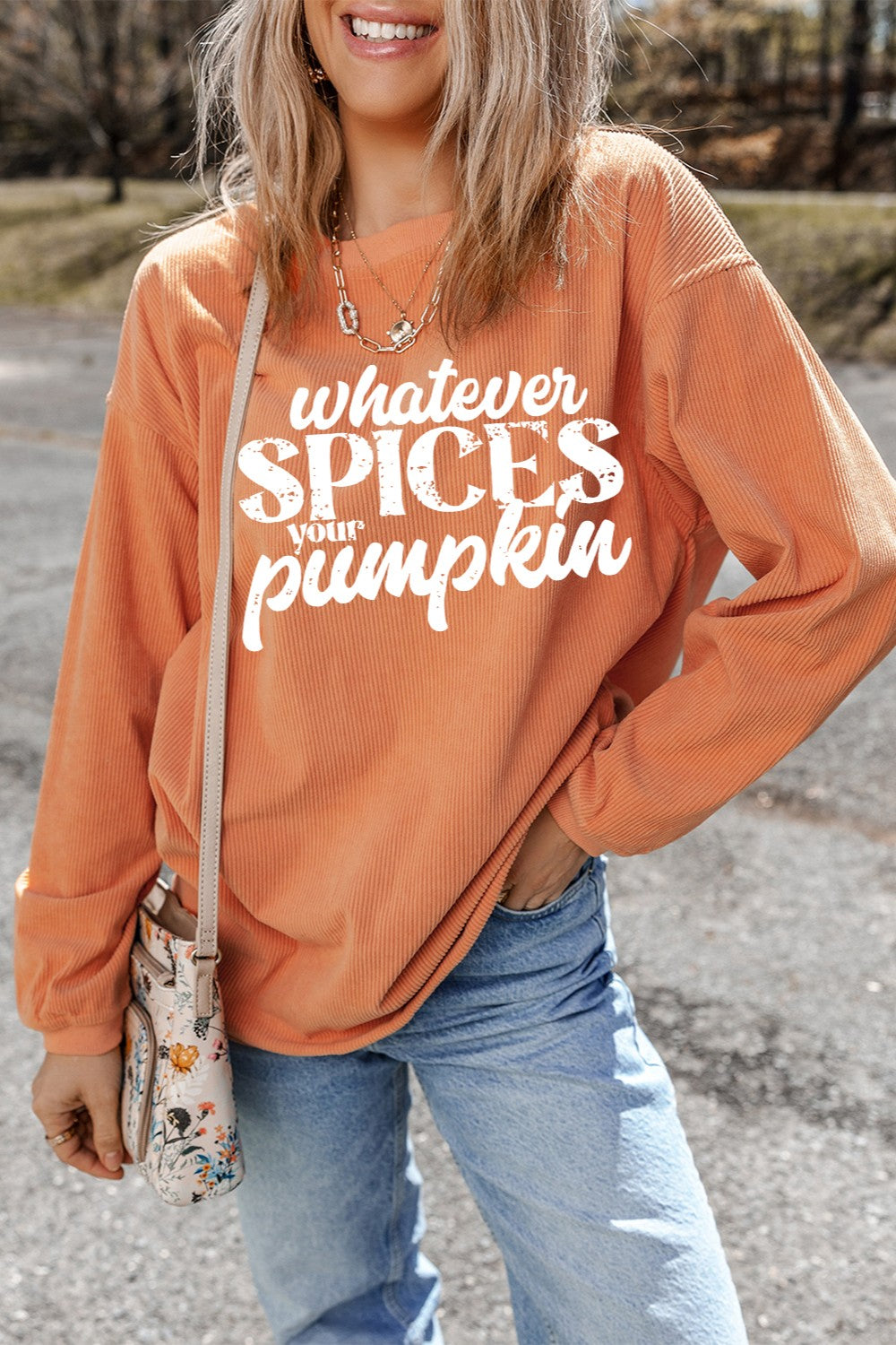 Blueberi B Women's Letter Graphic Round Neck Long Sleeve Oversize Sweatshirt Polyester Size S-2XL