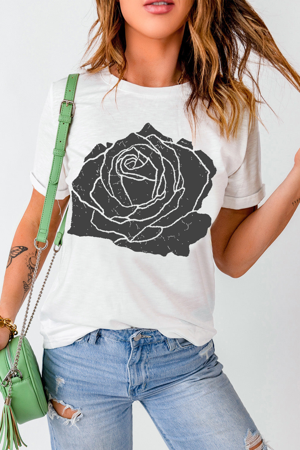 Blueberi B Women’s Rose Graphic Round Neck Short Sleeve T-Shirt Polyester Cotton Elastane Size S-2XL