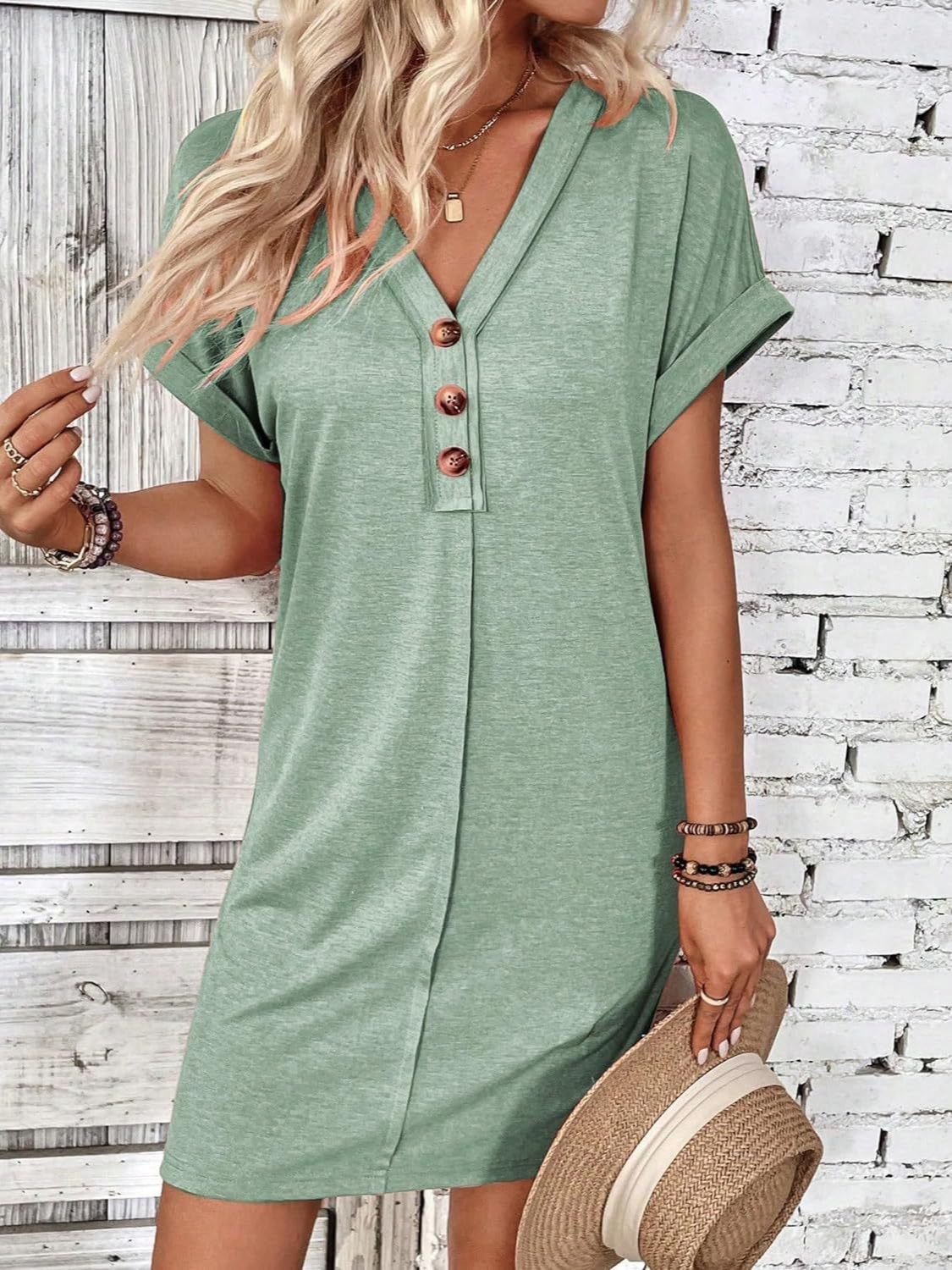 Blueberi B Women’s Quarter Button V-Neck Short Sleeve Dress Polyester Size S-XL