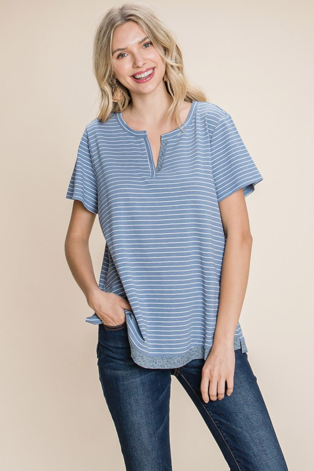 Blueberi B Women's Cotton Bleu by Nu Lab Slit Striped Notched Short Sleeve T-Shirt Cotton Size S-XL