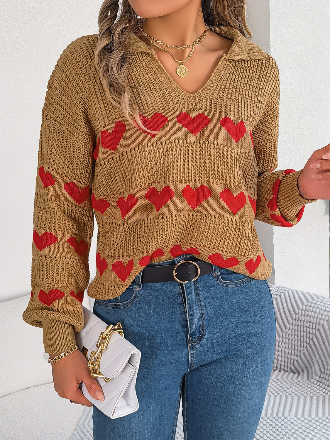 Blueberi B Women’s Heart Johnny Collar Long Sleeve Sweater Acrylic Size S-L