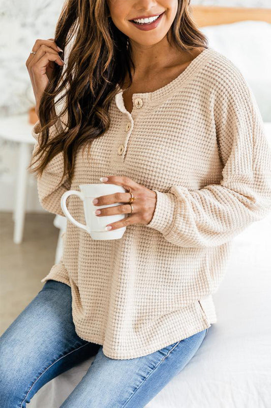 Blueberi B Women’s Slit Waffle Knit Long Sleeve T-Shirt Polyester Size S-2XL