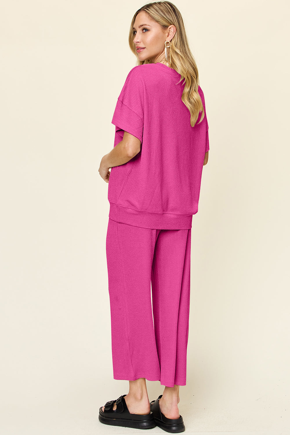Double Take Women’s Full Size Texture Round Neck Short Sleeve T-Shirt and Wide Leg Pants Polyester Spandex Size S-3XL