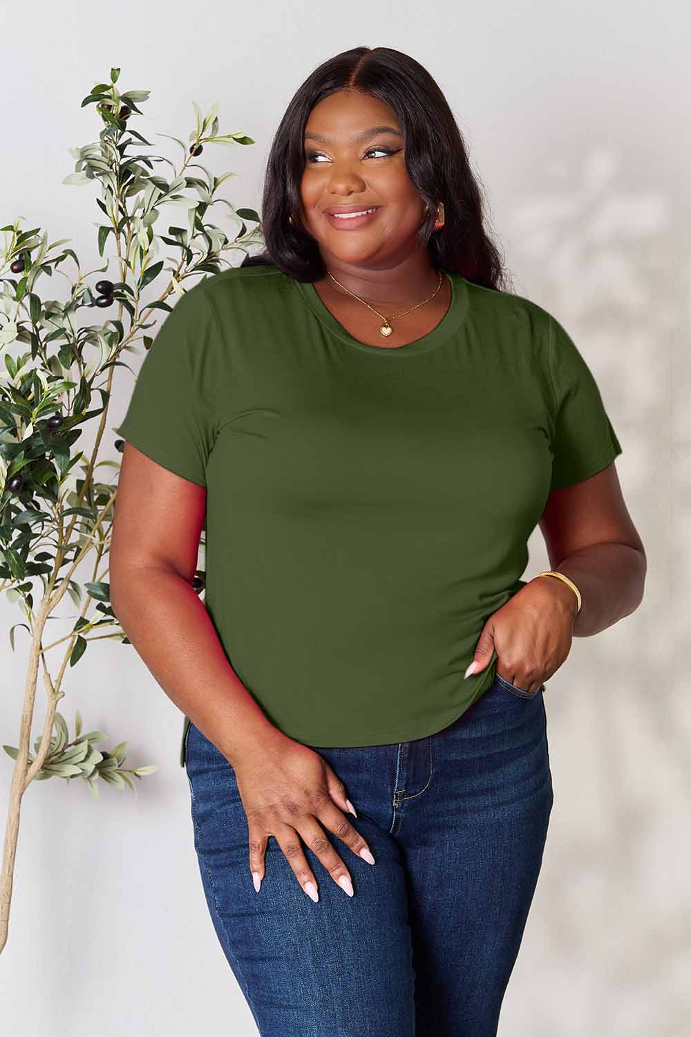 Basic Bae Women’s Full Size Round Neck Short Sleeve T-Shirt Rayon Spandex Size S-3XL