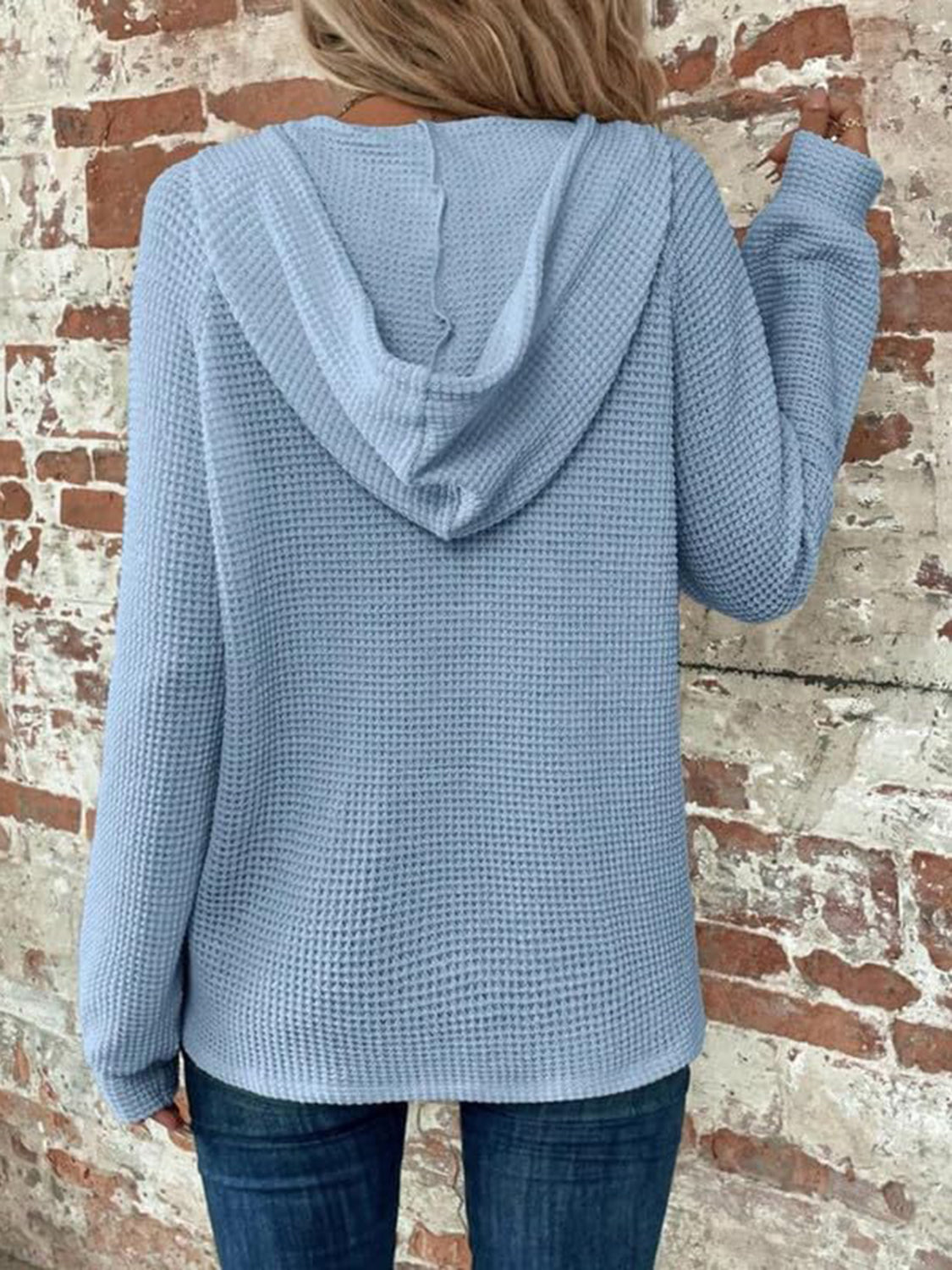 Blueberi B Women’s Waffle Knit Long Sleeve Drawstring Hooded Top Polyester Elastane S-2XL